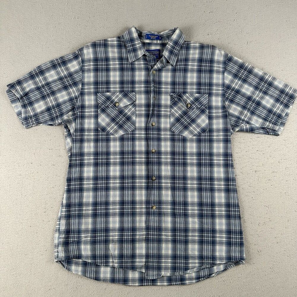 Pendleton Tracker Shirt Men’s Medium Blue Plaid Button Front Short Sleeve Pocket